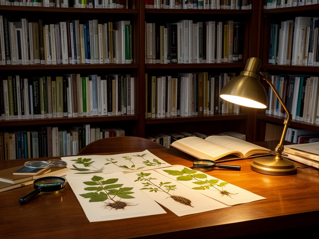 Biblioteca académica con estanterías de madera oscura llenas de libros científicos de botánica y nutrición, mesa de estudio con lupas, muestras de plantas prensadas y luz cálida de lámpara de escritorio, ambiente de investigación serena