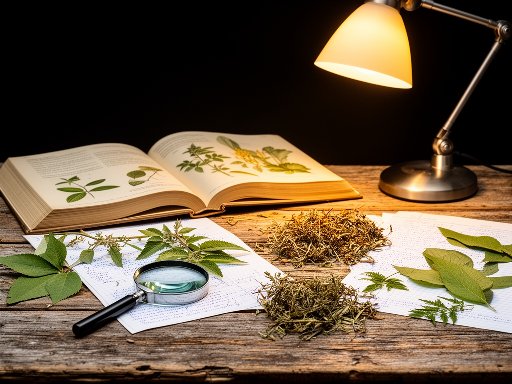 Mesa de madera envejecida con libros abiertos de botánica, lupas de vidrio, muestras de hierbas secas y hojas de anotaciones científicas, iluminadas por una lámpara de escritorio cálida sobre fondo oscuro
