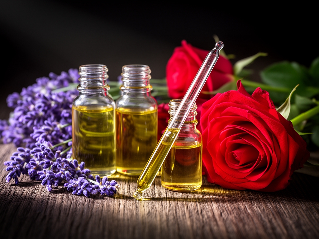 Aceites esenciales en frascos de vidrio transparente con pipeta junto a rosas frescas y lavanda sobre superficie de madera oscura con luz lateral suave que crea texturas dramáticas, composición botánica de bienestar