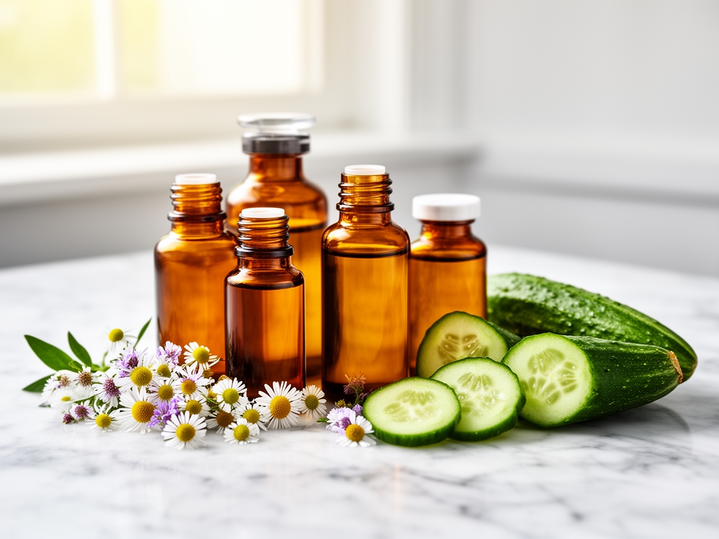 Frascos de vidrio ambarino con aceite de argán, botones de flores silvestres y rodajas de pepino sobre superficie de mármol blanco con luz natural difusa entrando por ventana al fondo, composición de estudio de bienestar