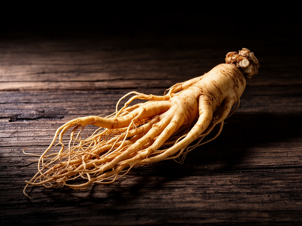 Raíz de ginseng entera con filamentos sobre superficie de madera rústica oscura, luz dramática lateral que resalta la textura arrugada y los tonos beige y ocre del vegetal, fotografía botánica detallada