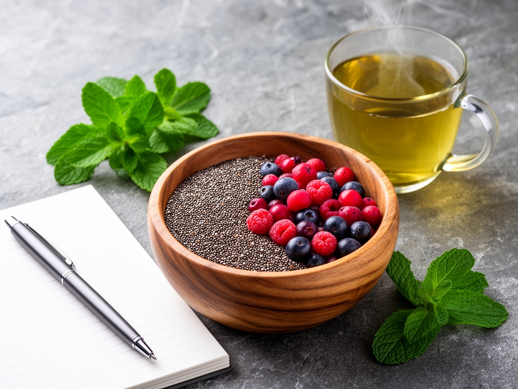Cuenco de madera con semillas de chía y frutas silvestres junto a una libreta de anotaciones con pluma, taza de té verde humeante y hojas de menta fresca, sobre superficie de piedra gris en luz natural matinal