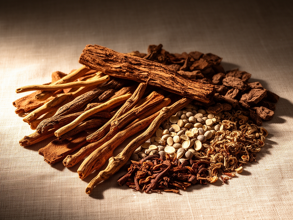 Colección de raíces, cortezas y semillas medicinales secas dispuestas sobre una superficie de lino natural con luz lateral cálida que resalta texturas y tonos terrosos, fotografía de estudio de alta resolución