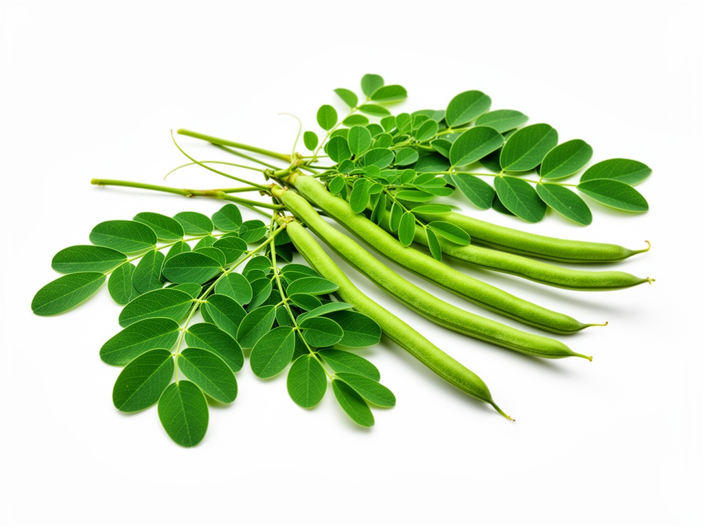Ramas de moringa con hojas verdes brillantes y vainas largas dispuestas sobre fondo blanco puro, composición botánica limpia con iluminación suave cenital que resalta detalles de las hojas pinnadas